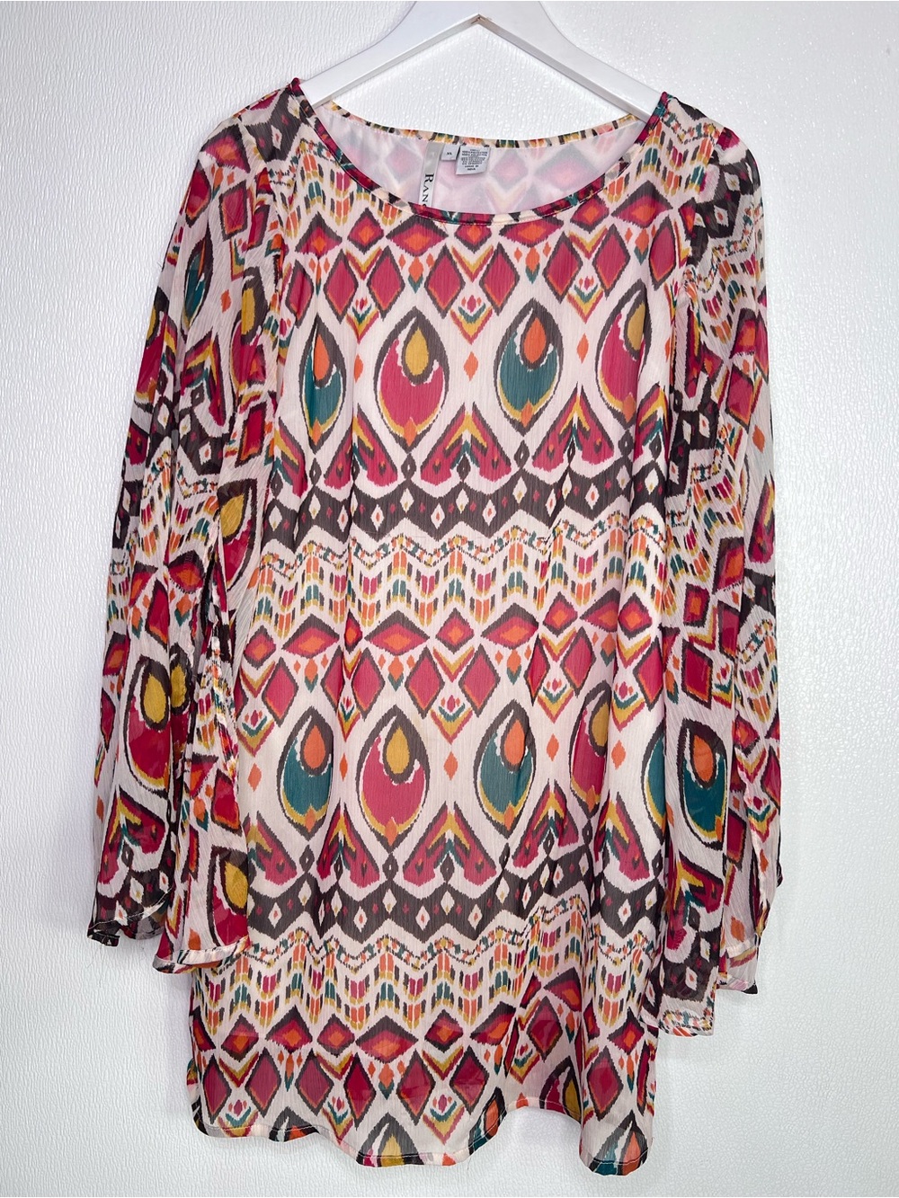 RANCHO ESTANCIA Bold Geo Print Flowy Mini Dress Split Bell Sleeves Size XL